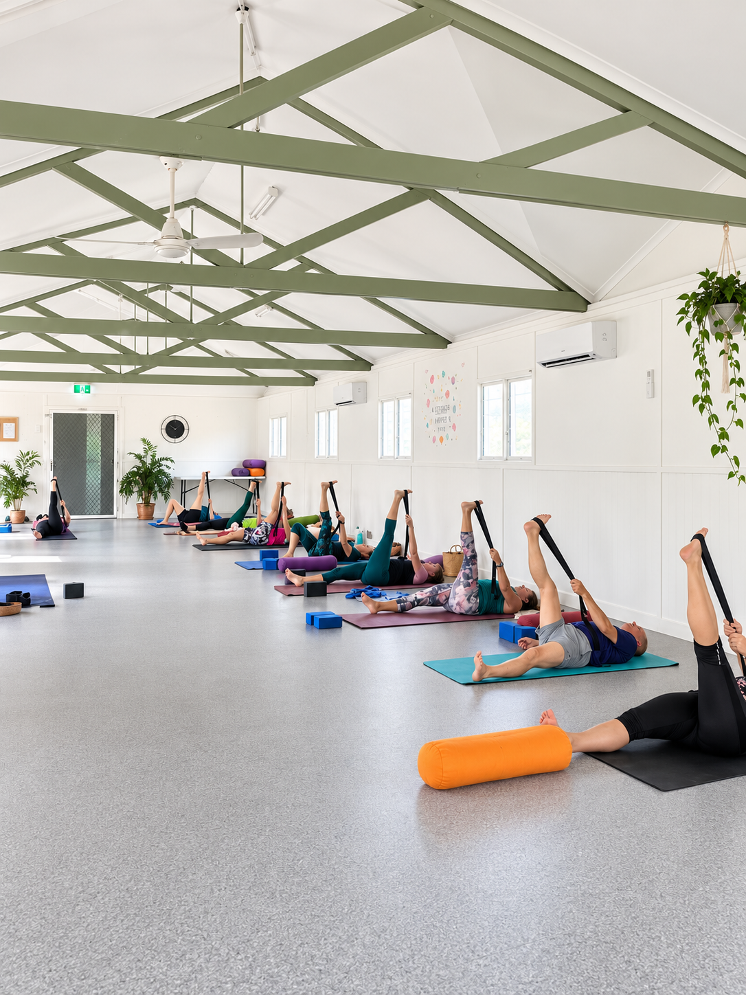 A group class using straps for supported leg stretches
